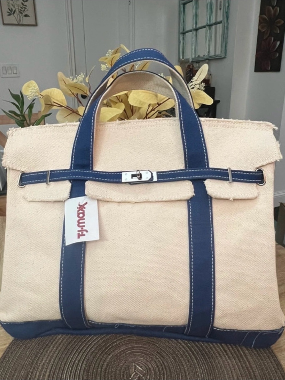 TJ Maxx Large Canvas Tote Bag with Navy Trim
